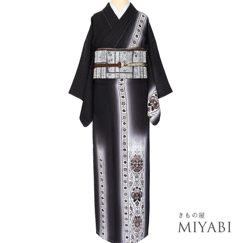 訪問着 リサイクル 身丈158.5cm 裄62.2cm 袷 立涌に唐花模様 地紋 長居賢珠 ブラック Mサイズ お洒落 落款 しつけ糸 正絹 広衿 未使用品