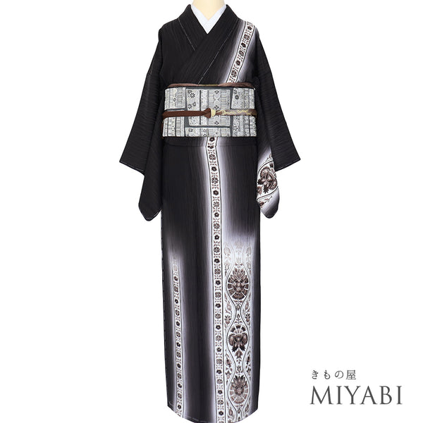 訪問着 リサイクル 身丈158.5cm 裄62.2cm 袷 立涌に唐花模様 地紋 長居賢珠 ブラック Mサイズ お洒落 落款 しつけ糸 正絹 広衿 未使用品