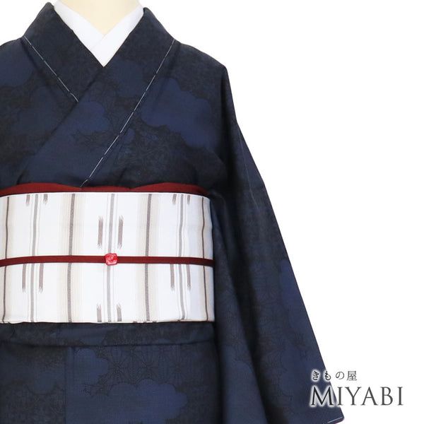 紬 リサイクル 身丈163.8cm 裄64.8cm 袷 雲取に麻の葉柄 ネイビー Lサイズ お洒落 カジュアル しつけ糸 正絹 広衿 Sランク