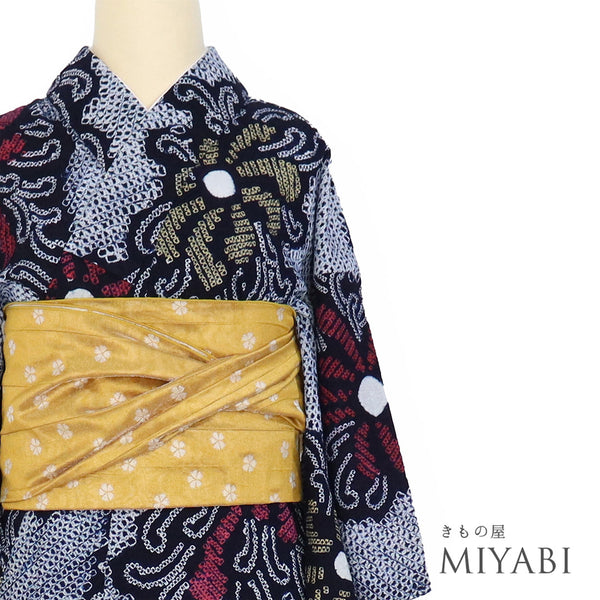 浴衣 リサイクル 夏着物 身丈147.5cm 裄63cm 夏物 絞り 花柄 ネイビー SSサイズ カジュアル 木綿 洗える着物 バチ衿 Aランク