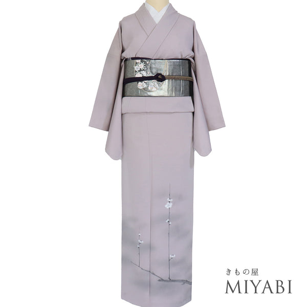 訪問着 リサイクル 身丈164cm 裄65cm 袷 梅の木柄 パープル Lサイズ お洒落 正絹 広衿 Sランク