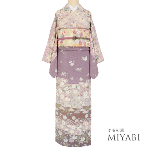 訪問着 リサイクル 身丈159cm 裄62.4cm 袷 辻が花風柄 パープル Mサイズ セミフォーマル お洒落 正絹 広衿 Bランク