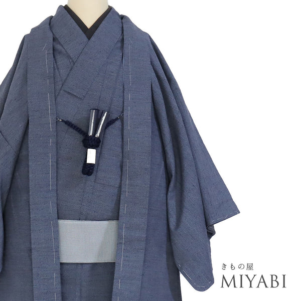 アンサンブル 男物 リサイクル 身丈133.5cm 裄67.2cm 羽織丈89cm 袷 紬 ネイビー SSサイズ お洒落 カジュアル 正絹 棒衿 Sランク