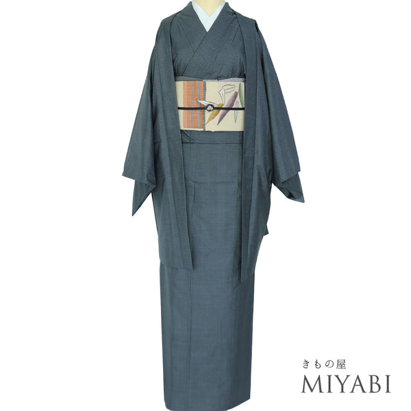 アンサンブル 紬 リサイクル 身丈161cm 裄65.8cm 羽織丈86cm 袷 絣柄 グレー Lサイズ カジュアル お洒落 正絹 広衿 Sランク