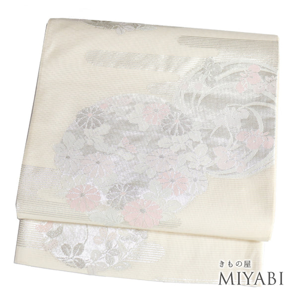 袋帯 リサイクル 帯丈428cm 六通 霞に花丸柄 夏物 ベージュ Sサイズ 混合 新品・未使用品 フォーマル セミフォーマル