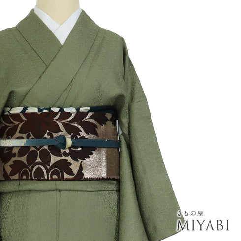 色無地 リサイクル 身丈154.8cm 裄64.4cm 袷 枝や葉に花柄 草木染 七五三 グリーン Sサイズ フォーマル お洒落 証紙 正絹 バチ衿 地紋あり Sランク