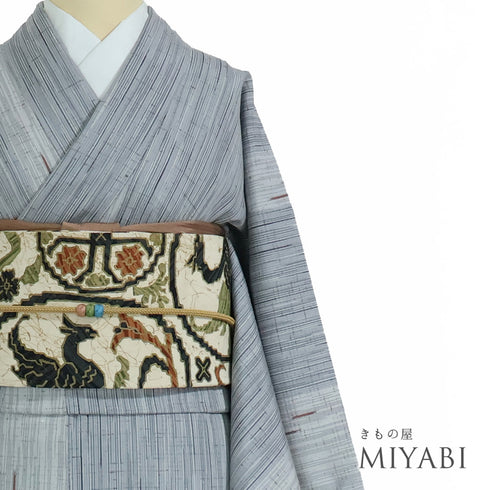 紬 リサイクル 身丈160.2cm 裄64cm 袷 白鷹山ぜんまい糸 縞模様 パールトーン加工 グレー Mサイズ お洒落 カジュアル 証紙 不明 広衿 Sランク