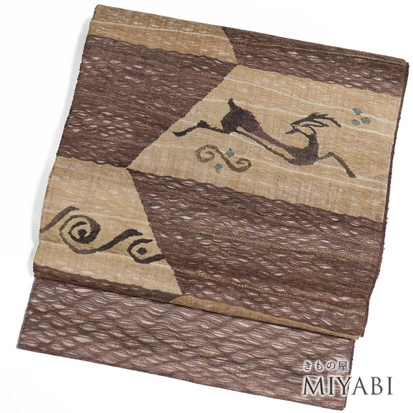 袋帯 リサイクル 帯丈444cm ポイント柄 鹿柄 手織り じゅらく ブラウン Mサイズ 正絹 Sランク お洒落