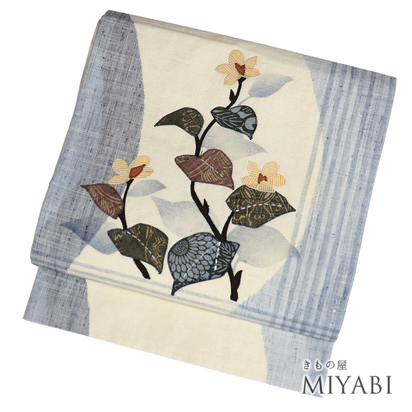 袋帯 リサイクル 帯丈438cm ポイント柄 花草柄 パッチワーク ベージュ Mサイズ 正絹 Sランク お洒落 カジュアル