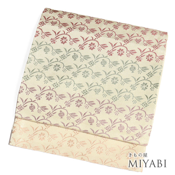 京袋帯 リサイクル 帯丈376cm 六通 草花や小槌柄 ベージュ Mサイズ ポリエステル Sランク カジュアル お洒落