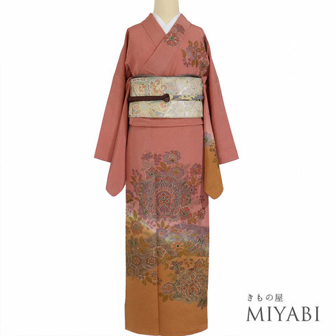 訪問着 リサイクル 身丈168.5cm 裄69.2cm 袷 華唐草柄 汕頭刺繍 オレンジ LLサイズ セミフォーマル 正絹 広衿 Sランク