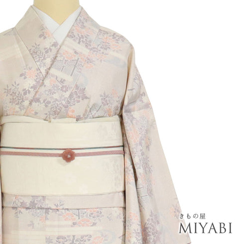 紬 リサイクル 身丈158cm 裄65.2cm 袷 風景文様 ピンク Mサイズ お洒落 カジュアル 正絹 広衿 Sランク