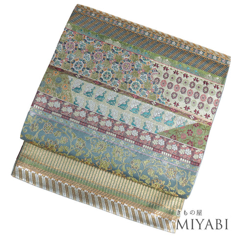 袋帯 リサイクル 帯丈428cm 六通 裂文様 多色 Sサイズ 正絹 Sランク フォーマル お洒落