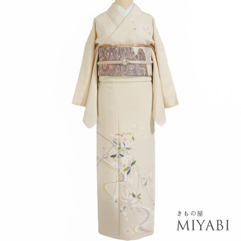 訪問着 リサイクル 身丈160.2cm 裄66.8cm 袷 枝垂れ花など ベージュ Mサイズ セミフォーマル お洒落 正絹 広衿 Sランク