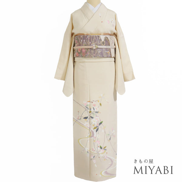 訪問着 リサイクル 身丈160.2cm 裄66.8cm 袷 枝垂れ花など ベージュ Mサイズ セミフォーマル お洒落 正絹 広衿 Sランク