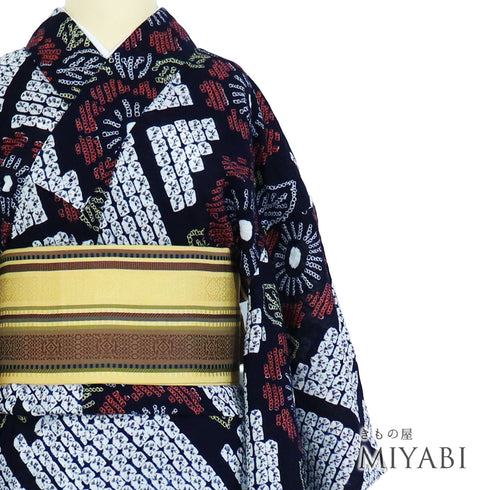 浴衣 リサイクル 夏着物 身丈151.5cm 裄64.4cm 夏物 絞り 花柄 ネイビー Sサイズ カジュアル 木綿 洗える着物 バチ衿 Aランク