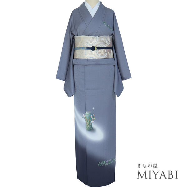 付下げ リサイクル 身丈161.5cm 裄68.4cm 袷 おしゃれ花瓶・ぶどう柄 押し花あり ブルー Lサイズ お洒落 正絹 広衿 Sランク