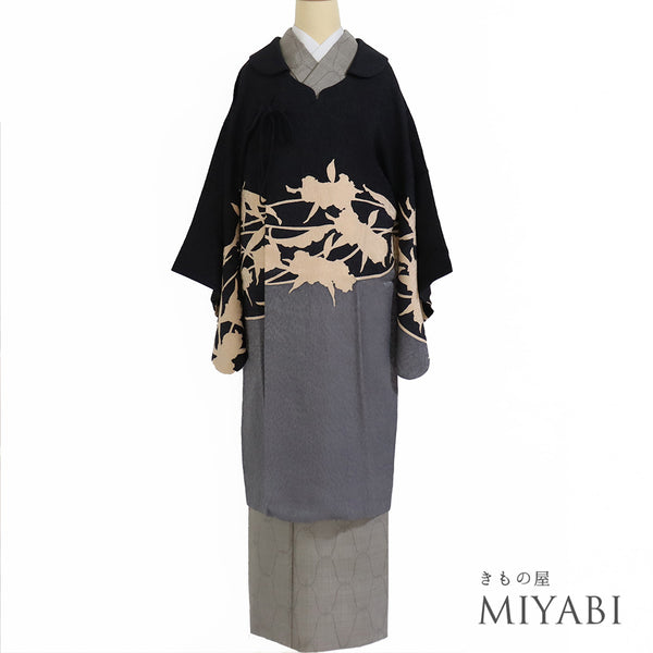 コート リサイクル 身丈106cm 裄66.4cm 袷 ロング変わり衿コート 絵羽柄 草花のシルエット柄 多色 Mサイズ お洒落 正絹 Sランク