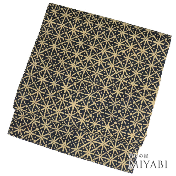 名古屋帯 リサイクル 帯丈365cm 全通 幾何学柄 ネイビー Mサイズ 正絹 Sランク カジュアル お洒落