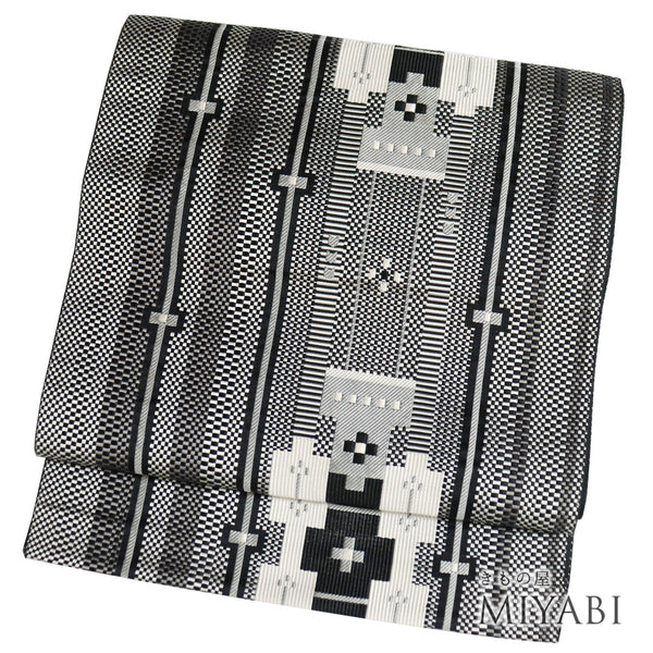 名古屋帯 リサイクル 帯丈356cm 六通 幾何学柄 ブラック Sサイズ 正絹 Sランク お洒落 カジュアル