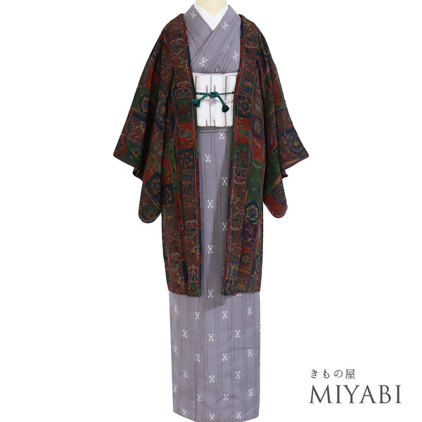 羽織 リサイクル 身丈94.3cm 裄62.4cm 袷 小紋柄 多色 SSサイズ カジュアル お洒落 しつけ糸 正絹 Sランク