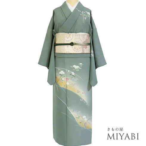 訪問着 リサイクル 身丈152.8cm 裄63.6cm 袷 花柄 グリーン Sサイズ フォーマル セミフォーマル 落款 正絹 広衿 Aランク