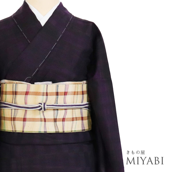 紬 リサイクル 身丈161.2cm 裄72cm 単衣 紅泥紬 ゆったりサイズ デザイン格子柄 市松模様 胴抜き パープル Lサイズ お洒落 カジュアル しつけ糸 不明 広衿 新品・未使用品