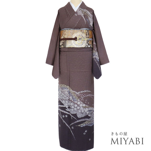 訪問着 リサイクル 身丈157.7cm 裄65.2cm 袷 地紋 名霜鳥忍 ゆったりサイズ パープル Mサイズ お洒落 しつけ糸 正絹 広衿 Sランク