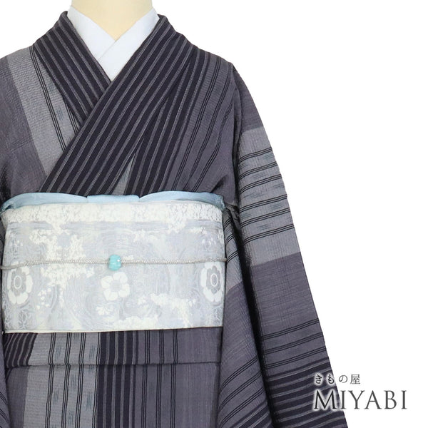 紬 リサイクル 身丈161.5cm 裄65.6cm 袷 縞模様 パープル Lサイズ お洒落 カジュアル 正絹 広衿 Sランク