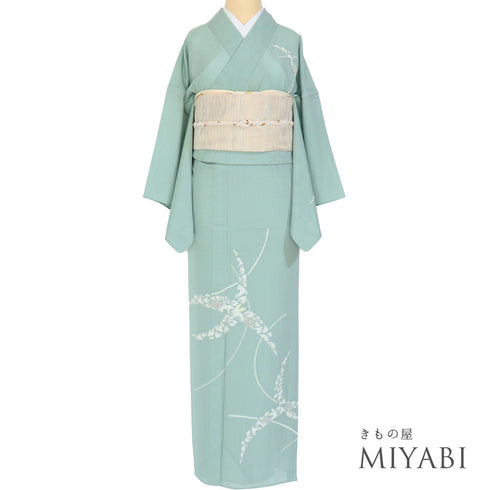 付下げ リサイクル 夏着物 身丈153.2cm 裄65cm 絽 デザイン花柄 グリーン Sサイズ セミフォーマル 一つ紋 正絹 広衿 Aランク