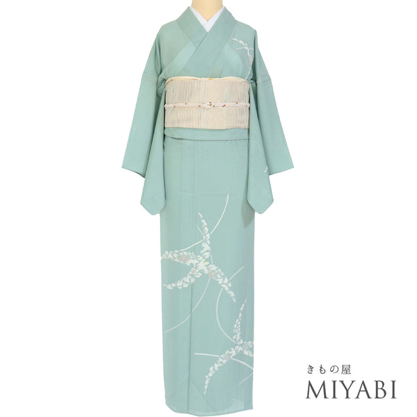 付下げ リサイクル 夏着物 身丈153.2cm 裄65cm 絽 デザイン花柄 グリーン Sサイズ セミフォーマル 一つ紋 正絹 広衿 Aランク