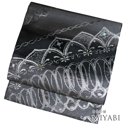 袋帯 リサイクル 帯丈446cm 六通 夏物 ブラック Mサイズ 正絹 新品・未使用品 フォーマル お洒落