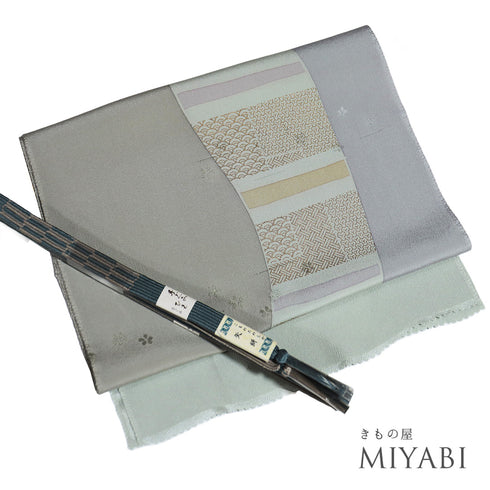 帯締め・帯揚げセット リサイクル 平組紐 ちりめん ブルー 正絹 Sランク 地紋