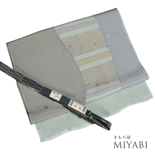 帯締め・帯揚げセット リサイクル 平組紐 ちりめん ブルー 正絹 Sランク 地紋