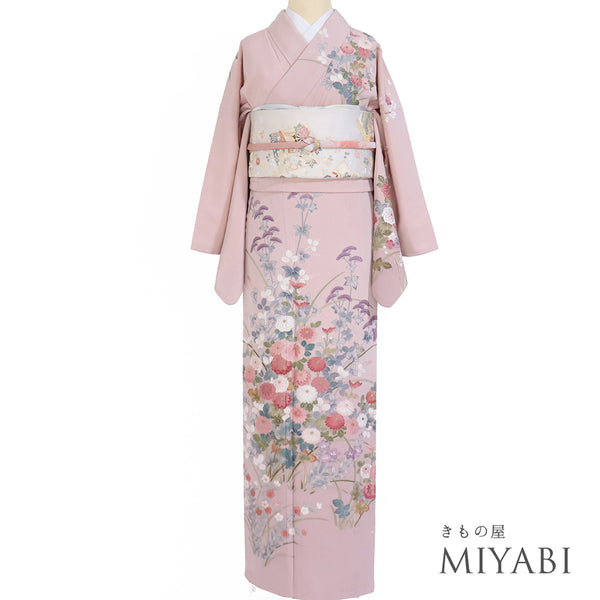 訪問着 リサイクル 身丈165.3cm 裄68cm 袷 菊や花各種柄 相良刺繍 ピンク Lサイズ フォーマル セミフォーマル 正絹 広衿 Aランク