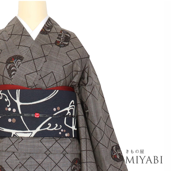 紬 リサイクル 身丈165cm 裄68.2cm 袷 幾何学模様 ブラウン Lサイズ お洒落 カジュアル 正絹 バチ衿 Sランク