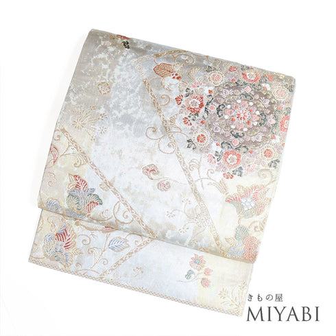 袋帯 リサイクル 帯丈428cm 六通 華文に鴛鴦柄 貝よう螺鈿 シルバー Sサイズ 正絹 Sランク フォーマル セミフォーマル