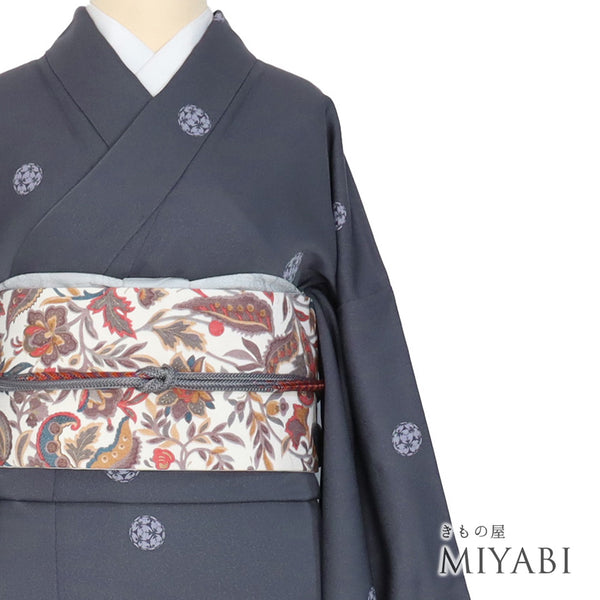 小紋 リサイクル 身丈164.5cm 裄68.4cm 袷 唐草地紋柄 五代 板東八十助 ネイビー Lサイズ お洒落 正絹 広衿 Aランク