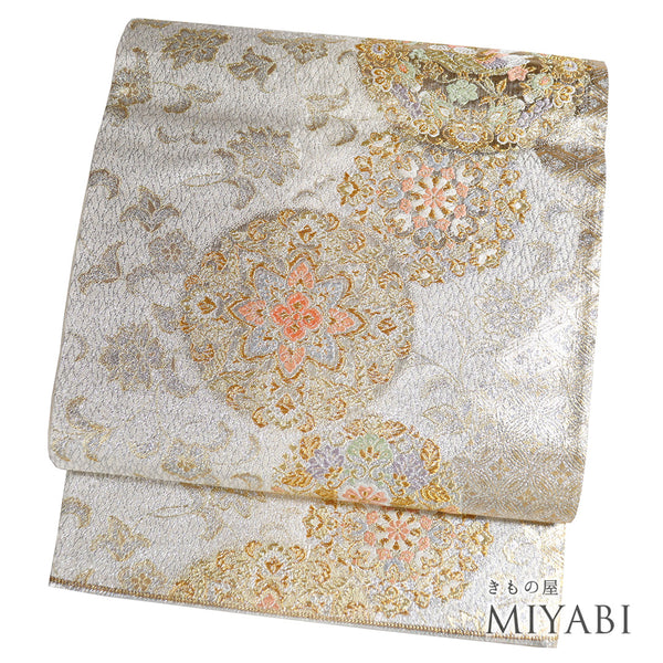 袋帯 リサイクル 帯丈444cm 六通 華文柄 シルバー Mサイズ 正絹 Sランク フォーマル セミフォーマル