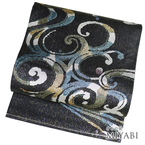 袋帯 リサイクル 帯丈444cm 六通 流水柄 福寿青銅 ブラック Mサイズ 正絹 新品・未使用品 お洒落