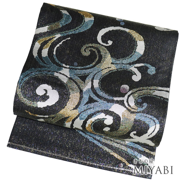 袋帯 リサイクル 帯丈444cm 六通 流水柄 福寿青銅 ブラック Mサイズ 正絹 新品・未使用品 お洒落