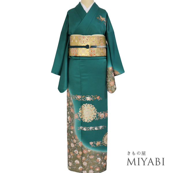 訪問着 リサイクル 身丈162.7cm 裄68.4cm 袷 華文柄 花唐草柄 箔 地紋 グリーン Lサイズ セミフォーマル 正絹 広衿 Sランク