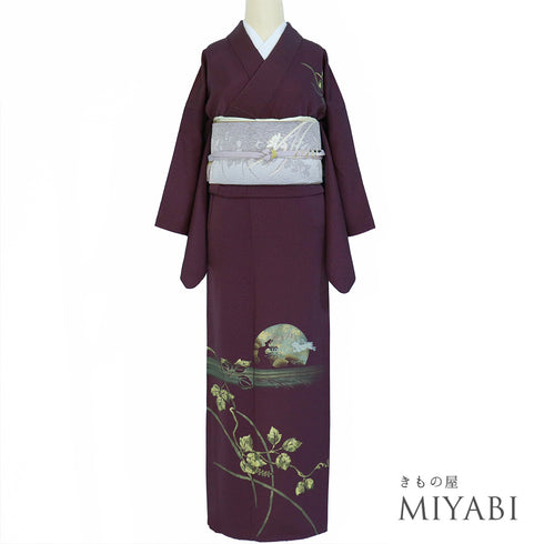 付下げ リサイクル 身丈161.8cm 裄64.8cm 袷 月に波柄 うさぎ柄 刺繍 箔 パープル Lサイズ お洒落 正絹 広衿 Sランク