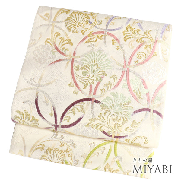 袋帯 リサイクル 帯丈430cm 六通 デザイン七宝柄に花唐草柄 白椛 宮むらさき ベージュ Sサイズ 正絹 Sランク フォーマル セミフォーマル