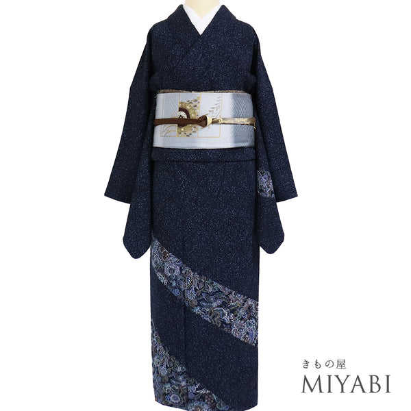 付下げ リサイクル 身丈159cm 裄68cm 袷 鳳凰更紗柄 たたき 地紋 ネイビー Mサイズ お洒落 正絹 広衿 Sランク