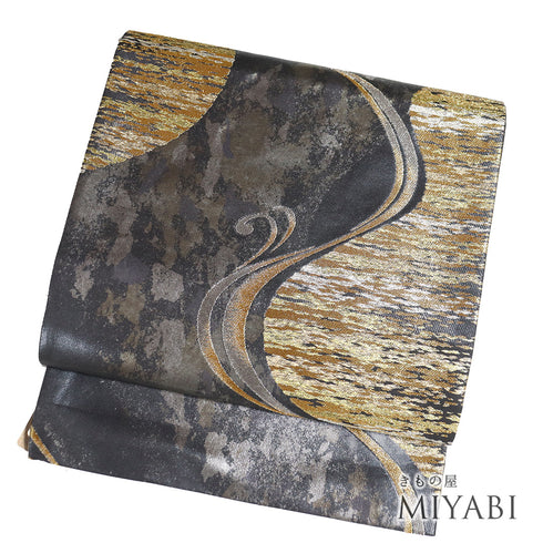 袋帯 リサイクル 帯丈424cm 六通 わらく 真珠箔 長江綿文 流水柄 ブラック Sサイズ 正絹 新品・未使用品 フォーマル セミフォーマル