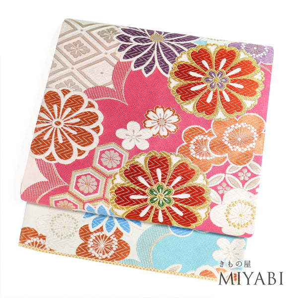 袋帯 リサイクル 帯丈442cm 六通 花に菱形模様 多色 Mサイズ 正絹 Sランク フォーマル セミフォーマル