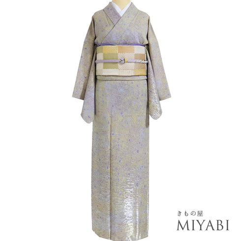 訪問着 リサイクル 身丈155.5cm 裄64.6cm 袷 金銀通し模様 地紋 イエロー Mサイズ お洒落 しつけ糸 正絹 広衿 Sランク