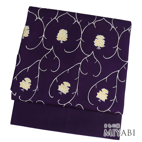 名古屋帯 リサイクル 帯丈358cm ポイント柄 デザイン葉柄 パープル Sサイズ 正絹 Aランク お洒落