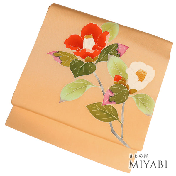 名古屋帯 リサイクル 帯丈358cm ポイント柄 塩瀬帯 椿柄 オレンジ Sサイズ 正絹 Sランク お洒落 落款